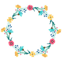 Vector floral frame - wreath with flowers, berries, leaves. Flat illustration isolated on white background