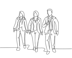 One continuous line drawing of young male and female employees talking and walking together on the street to go to city subway. Urban commuters concept single line draw design vector illustration