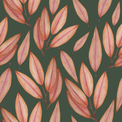 Long pink leaves on green background: tender pencil seamless pattern, hand drawn wallpaper design, floral textile print and wrapping paper texture.