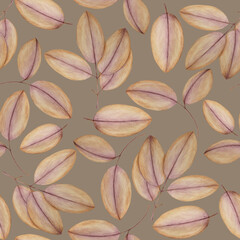 Purple-brown leaves on gray background: tender pencil seamless pattern, hand drawn wallpaper design, floral textile print and wrapping paper texture.