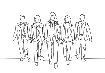 One continuous line drawing of young male and female workers walking together neatly in a row in city street go to office. Urban commuter workers concept single line draw design vector illustration
