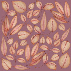 Pink pencil leaves on purple background: tender square picture, hand drawn greeting cards' design, floral textile print and wrapping paper texture (not seamless).