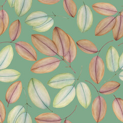 Light green and purple-brown leaves on green background: tender pencil seamless pattern, hand drawn wallpaper design, floral textile print and wrapping paper texture.