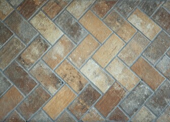 Rustic tile floor made of bricks. Old style  effect for interiors with different shades of brown.