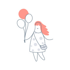 Cute cheerful cartoon girl with balloons. Holiday, birthday, event, walk in a good mood. Flat outline vector illustration on white background.
