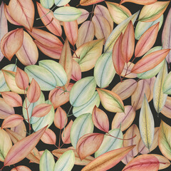 Colorful leaves on black background: tender pencil seamless pattern, hand drawn wallpaper design, floral textile print and wrapping paper texture.