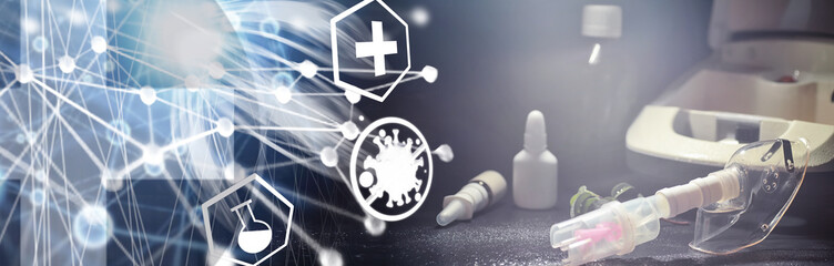 Inhalation with nebulizer at home. Asthma inhaler inhalation nebulizer steam sick cough concept flu and asthma bronchitis virus healing.