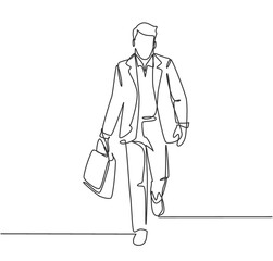 One single line drawing of young male manager walking in hurry at city street try not be late for work meeting at office. Urban commuter worker concept continuous line draw design vector illustration