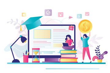 Female character investing money in education. Student sitting with laptop and upgrade skills. Investment in knowledge concept.