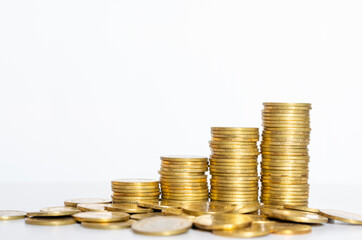 coin stack growth up on white background. money saving, financial grow, business startup, economy budget and investment concept.