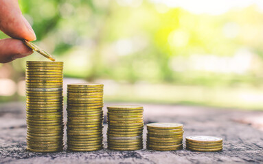 investor business man hand putting money on coins row stack on wood table with blur nature park background. money saving concept for financial banking and accounting.