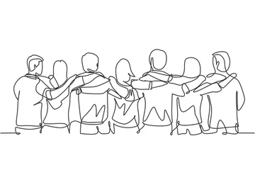 Foto op Aluminium Single continuous line drawing about group of men and woman from multi ethnic standing together to show their friendship bonding. Unity in diversity concept one line draw design vector illustration © Simple Line