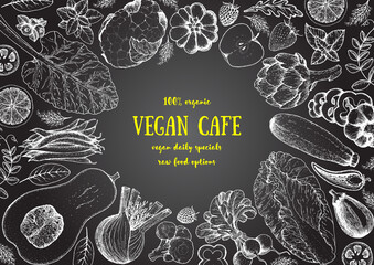 Vegetables top view frame. Farmers market menu design template. Organic vegetables food poster. Vintage hand drawn sketch vector illustration. Linear graphic. Engraved style.