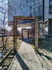 Wooden door frames on the old railroad track on the High Line in New York City