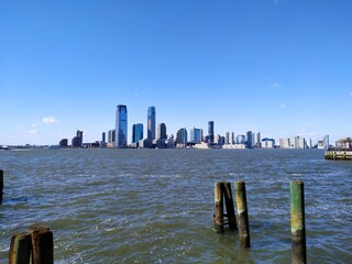 The New York City skyline and the Hudson river in the United States of America