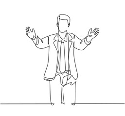 Single continuous line drawing of happy young male worker give supporting hug gesture to his office friend. Welcoming friend support concept. Modern one line draw graphic design vector illustration