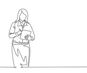 One single line drawing of young pensive female manager standing and thinking business strategy to company. Sales marketing strategy concept. Continuous line draw graphic design vector illustration