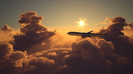 Airplane flying above the clouds on sunset