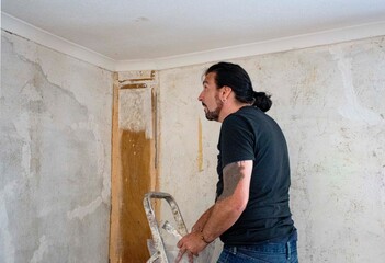 Man refurbishing  plasterand  decorating 