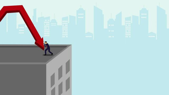 Businessman pushing the declining financial arrow