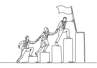 Single continuous line drawing of team members holding hands together following their leader who hold flag climbing up stairs step by step. Teamwork concept one line draw design vector illustration © Simple Line