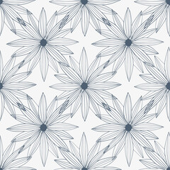Monochrome line art bud daisy seamless pattern isolated on white background. Modern floral wallpaper.