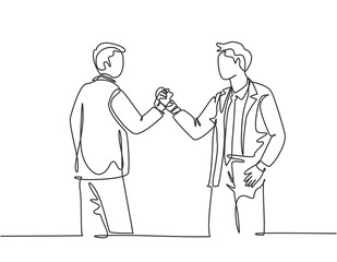 One single line drawing of two young happy business men holding their hands together to mark the commencement of a joint project. Teamwork concept continuous line draw design vector illustration