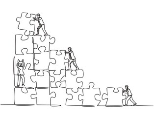 One single line drawing of two young businessman push and arrange puzzle pieces to build a strong building. Trendy business teamwork concept continuous line draw design graphic vector illustration