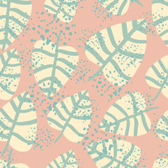 Fototapeta na wymiar Geometric flat leaves seamless pattern on pink background. Simple grunge botanical backdrop. Foliage wallpaper.