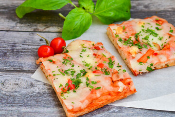  Assorted sliced italian roman   style pizza.  with parmesan cheese,  ham,  mushrooms and tomato sauce 