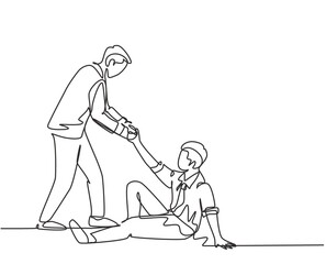 Fototapeta na wymiar One single line drawing of young happy business man helping his bankrupt partner who lay down on the ground to support to rise up. Teamwork concept continuous line draw design vector illustration