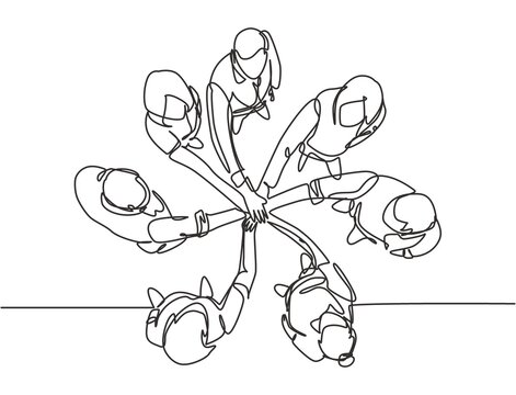 One single line drawing group of young happy business people unite their hands together to form a circle shape symbol, top view. Trendy teamwork concept continuous line draw design vector illustration