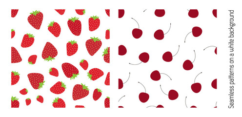 Strawberry and Cherry seamless patterns on a white background