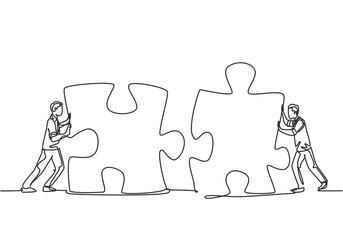 One continuous line drawing of two young businessmen push puzzle pieces to unite them as sign to start business collaboration. Modern unity teamwork concept single line draw design vector illustration