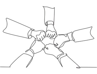 Eine kontinuierliche Strichzeichnungsgruppe junger männlicher und weiblicher Geschäftsleute vereint ihre Hände zu einer Fünf-Sterne-Form. Einheit Teamwork Konzept Single Line Draw Design Vector Illustration
