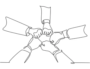 Door stickers One line One continuous line drawing group of young male and female business people unite their hands together to form a five star shape. Unity teamwork concept single line draw design vector illustration
