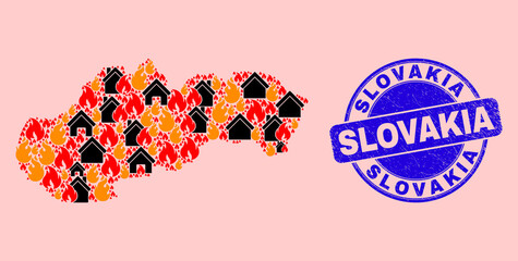 Fire hazard and buildings combination Slovakia map and Slovakia dirty stamp seal. Vector collage Slovakia map is constructed with random burning houses.