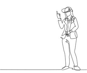 Single continuous line drawing of young businesswoman giving thumb up gesture after successful finishing level at game. Virtual reality game player concept one line draw design vector illustration