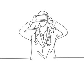 One single line drawing of young happy female doctor looking digital visual data using virtual reality goggles. Smart technology game player concept continuous line draw design vector illustration