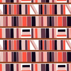 Wooden bookcase full of different books. Seamless pattern. Education library and bookstore concept. Vector illustration.
