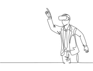 One continuous line drawing of young happy businessman pretending to touch button while wearing virtual reality helmet. Modern futuristic video game concept single line draw design vector illustration
