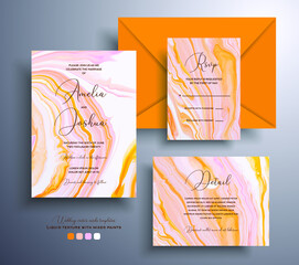 Set of acrylic wedding invitations with stone texture. Agate vector cards with marble effect and swirling paints, orange, yellow and coral colors. Designed for posters, brochures and etc.