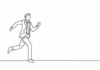 Single continuous single line drawing of young happy businessman opens his hands after running cross the finish line, from side view. Business race concept one line draw design vector illustration