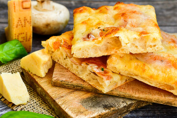   Italian  Focaccia with crispy crust  with Mushroom and ham . Full 72 hour pizza dough   fermentation   method