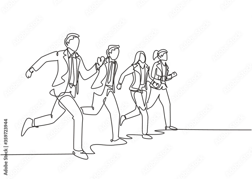 Wall mural Single continuous single line drawing group of urban commuter workers walking and running to get to the office on time. Urban employee in a rush concept one line draw design vector illustration