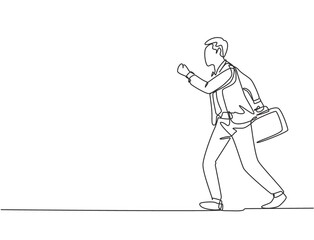 Single continuous single line drawing of young happy male urban commuter running in rush at city street to get to the office on time. Commuter worker concept one line draw design vector illustration