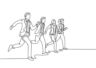 Fototapeta na wymiar Single continuous single line drawing group of urban commuter workers walking and running to get to the office on time. Urban employee in a rush concept one line draw design vector illustration