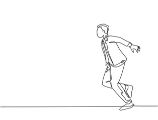 Single continuous single line drawing of young happy businessman opens his hands after running cross the finish line, from side view. Business race concept one line draw design vector illustration