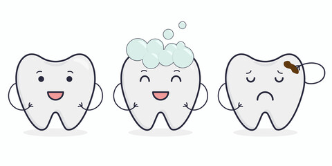 Vector illustration: cute teeth. Healthy tooth. Tooth in toothpaste. Tooth with caries.