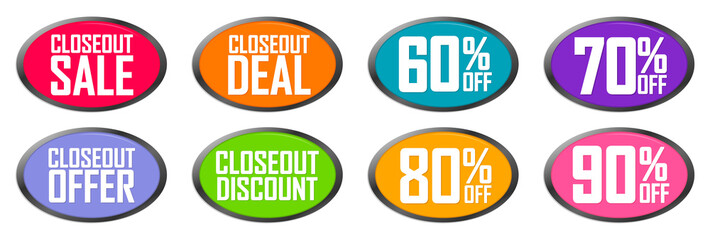 Set Closeout Sale banners design template, discount tags, vector illustration